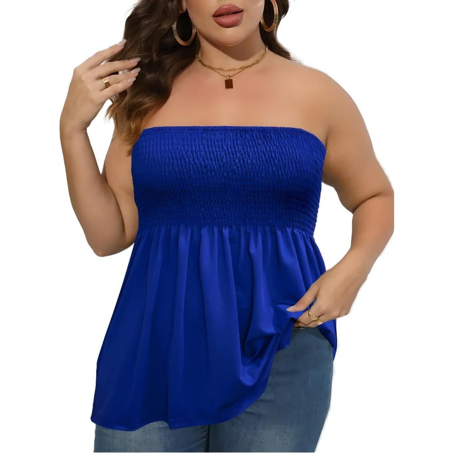 Plus Size Strapless Pleated Tube Top – Flowy Stretch Summer Blouse