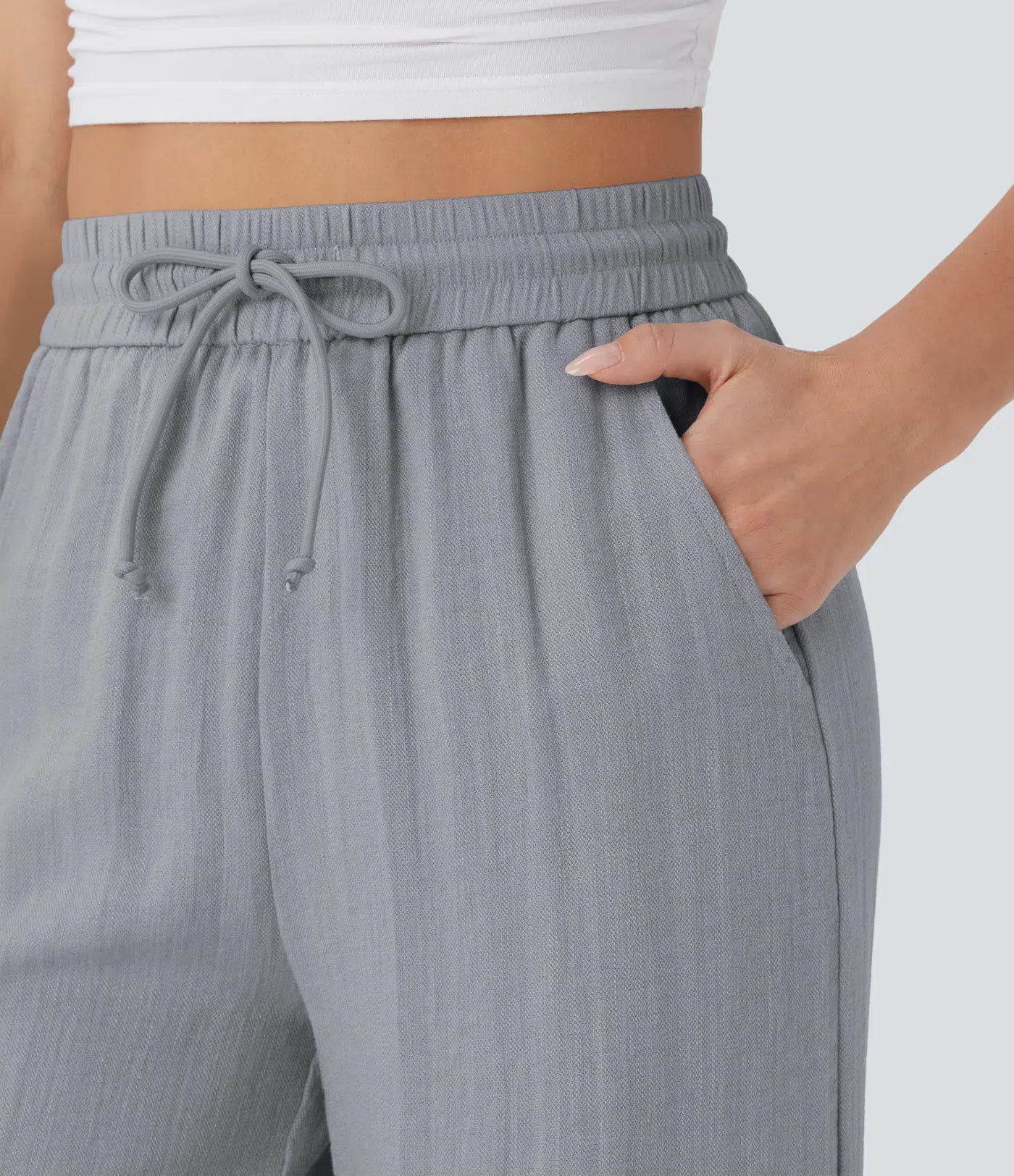 High Waisted Wide Leg Linen-Feel Drawstring Pants with Pockets