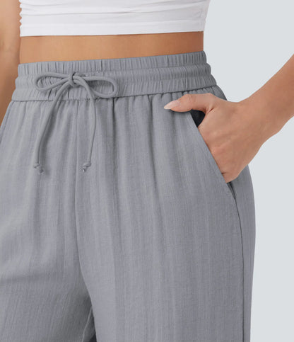 High Waisted Wide Leg Linen-Feel Drawstring Pants with Pockets