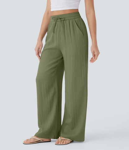 High Waisted Wide Leg Linen-Feel Drawstring Pants with Pockets