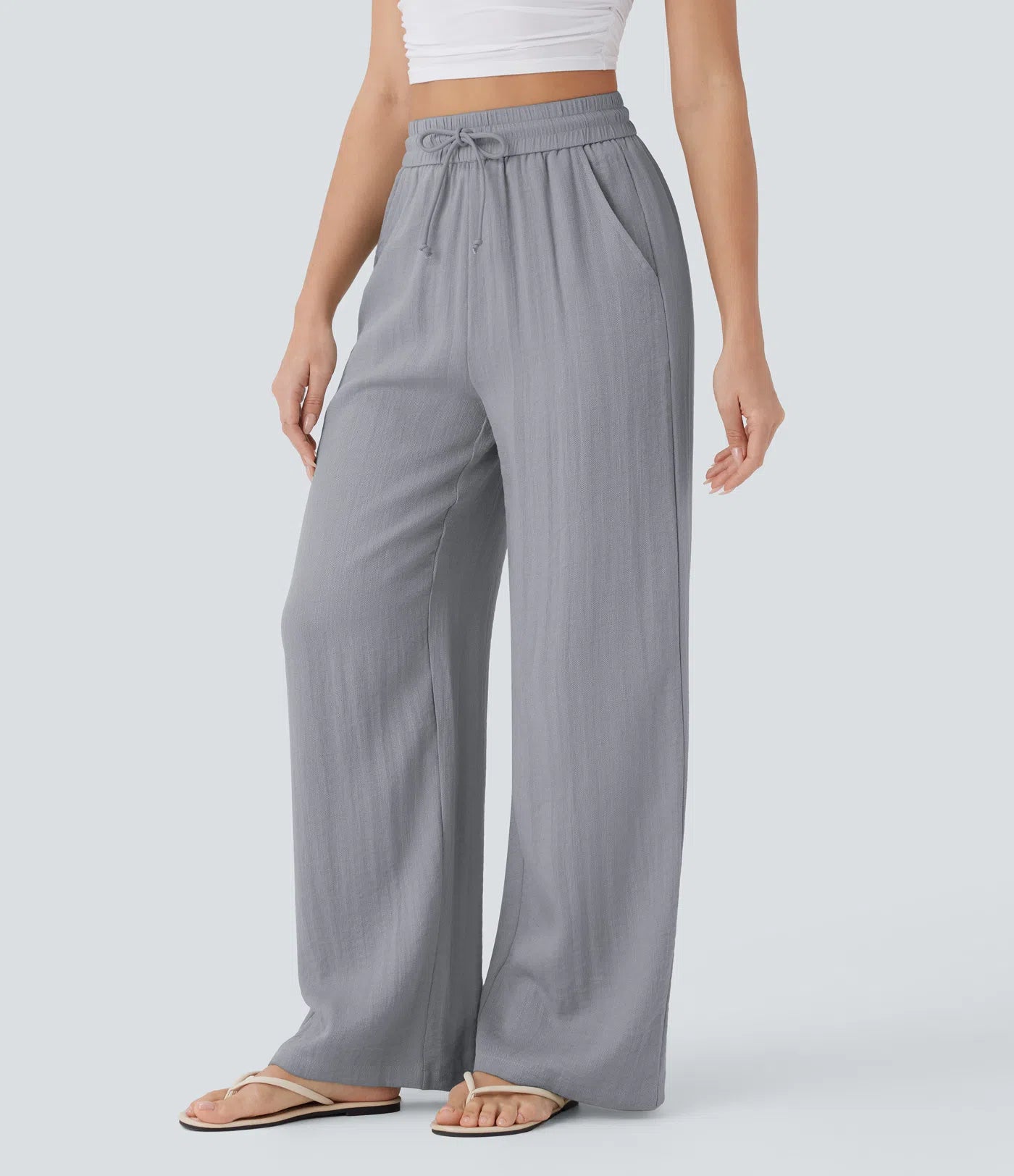 High Waisted Wide Leg Linen-Feel Drawstring Pants with Pockets