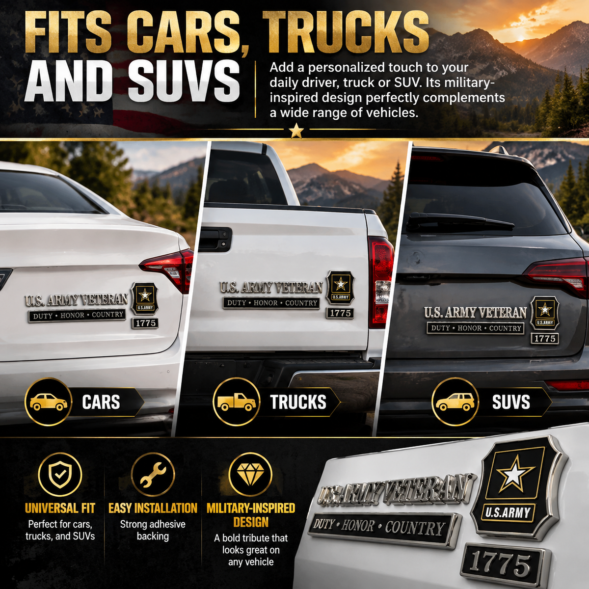 U.S. Army Veteran Metal Car Emblem Kit – 3D Chrome Badge Set
