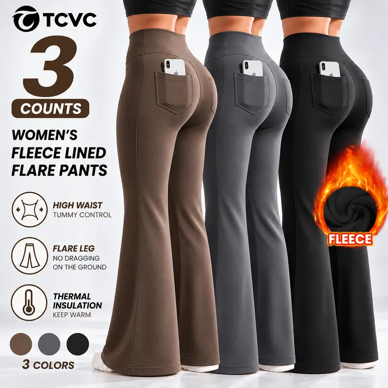 Women’s Fleece Lined Flare Leggings with Pockets|High Waisted Thermal Bell Bottom Yoga Pants