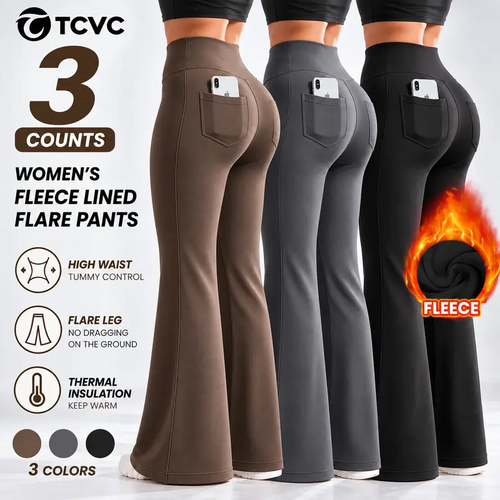 Women’s Fleece Lined Flare Leggings with Pockets|High Waisted Thermal Bell Bottom Yoga Pants