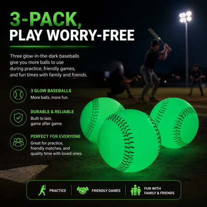 3 Pack Glow in the Dark Baseballs – Official Size Night Training Balls