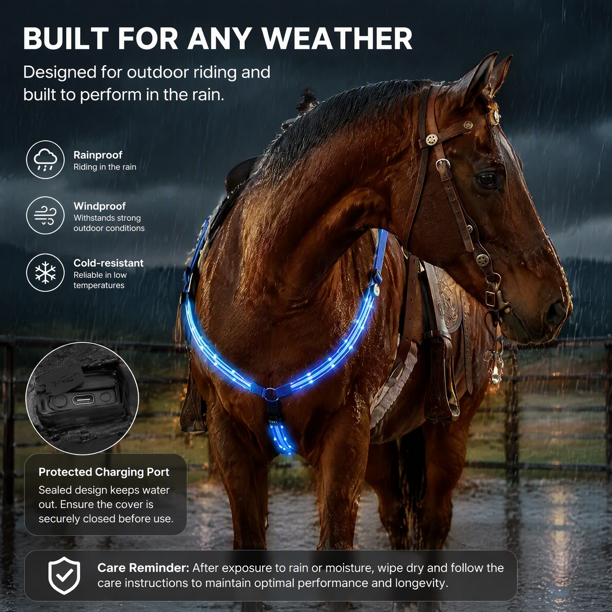 Adjustable LED Horse Breastplate – Rechargeable Night Visibility Harness