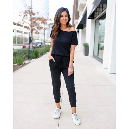 Off Shoulder Plus Size Jumpsuit – Stretchy Casual Romper S-XXXL