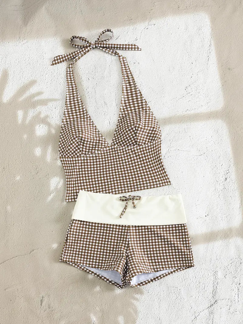 2026 Summer Retro Sportswear Halter Top Swimsuit