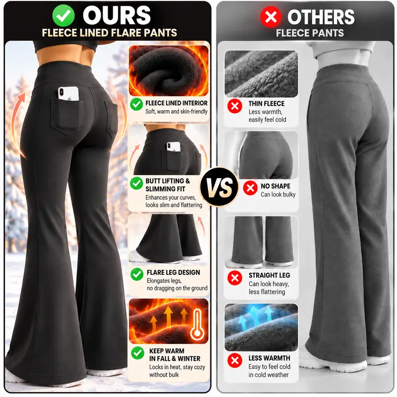 Women’s Fleece Lined Flare Leggings with Pockets|High Waisted Thermal Bell Bottom Yoga Pants