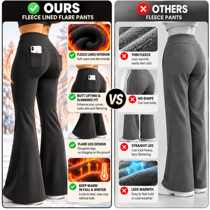 Women’s Fleece Lined Flare Leggings with Pockets|High Waisted Thermal Bell Bottom Yoga Pants