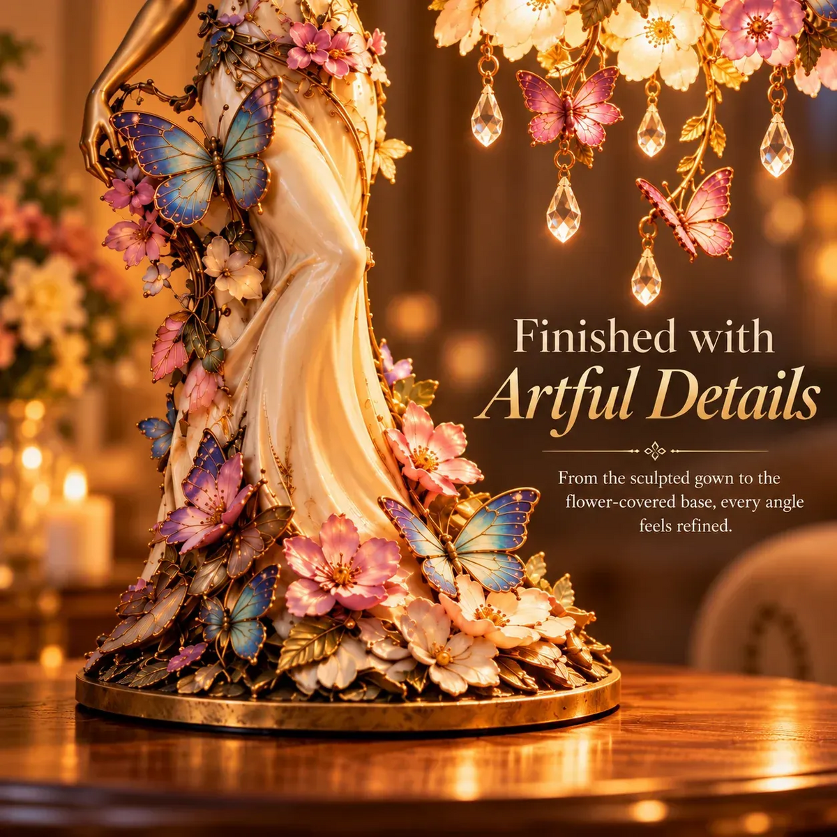 🦋 Butterfly Lady Accent Lamp – Elegant Floral Goddess Light with Crystal Drops