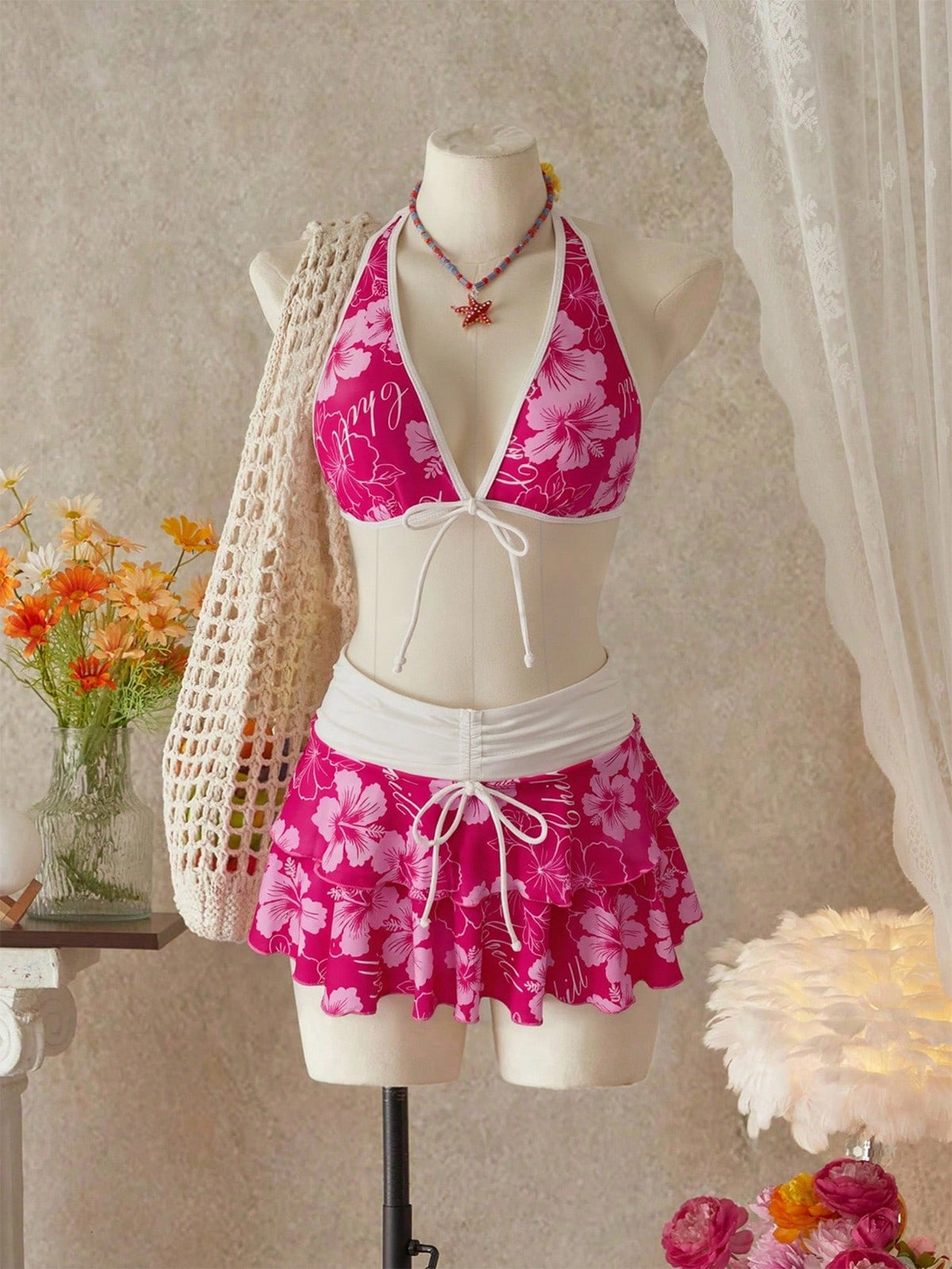 Summer Beach Festival Print Halter Bikini Set