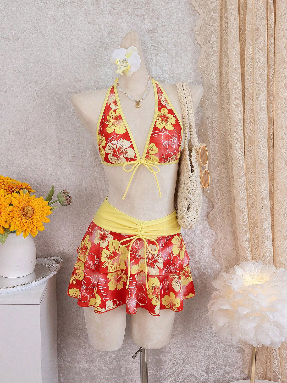 Summer Beach Festival Print Halter Bikini Set