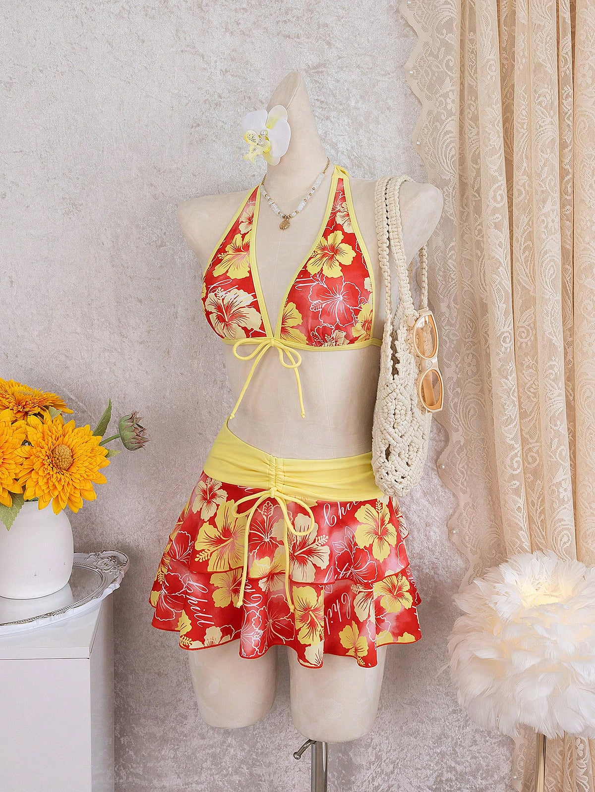 Summer Beach Festival Print Halter Bikini Set