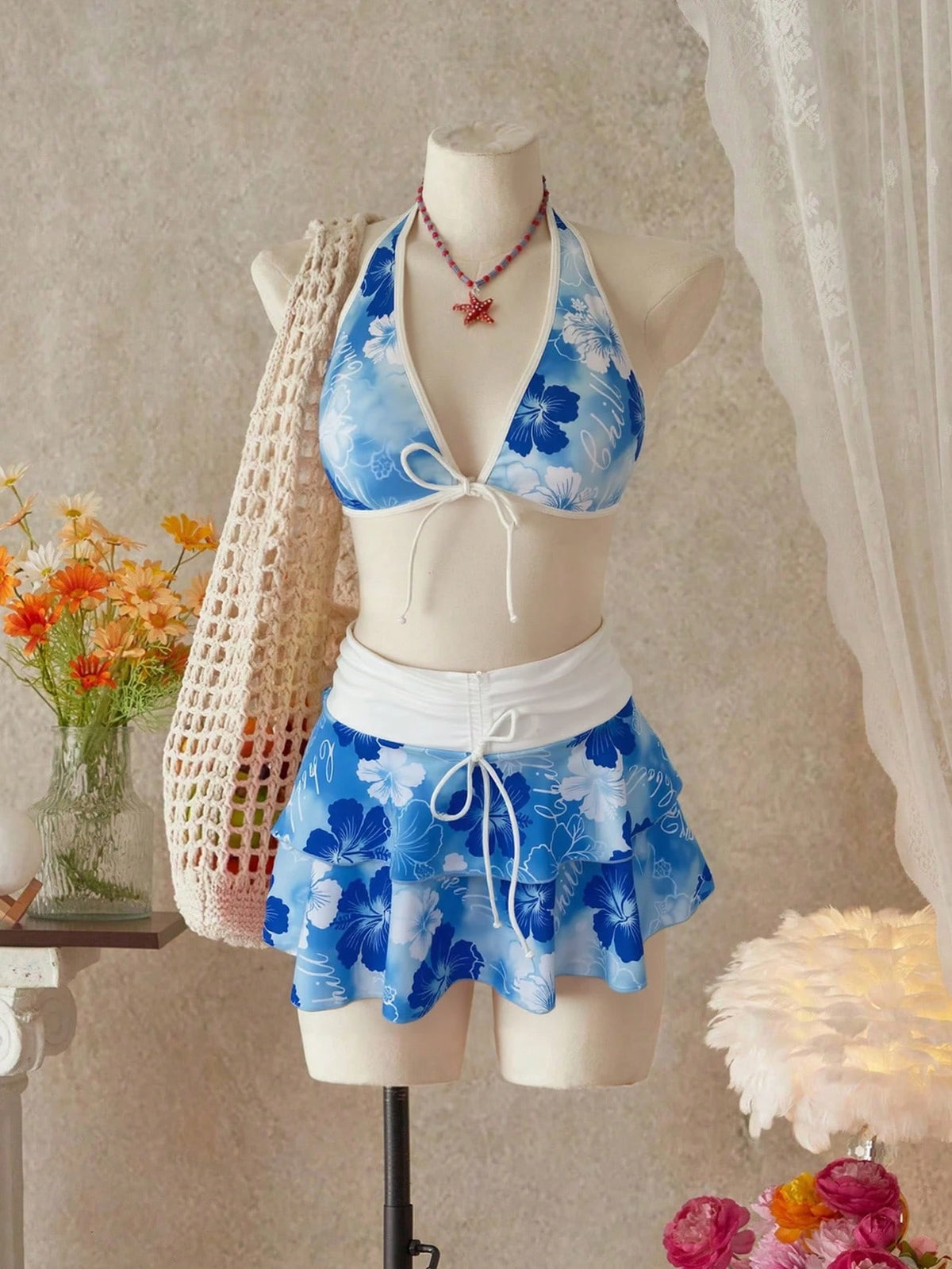 Summer Beach Festival Print Halter Bikini Set