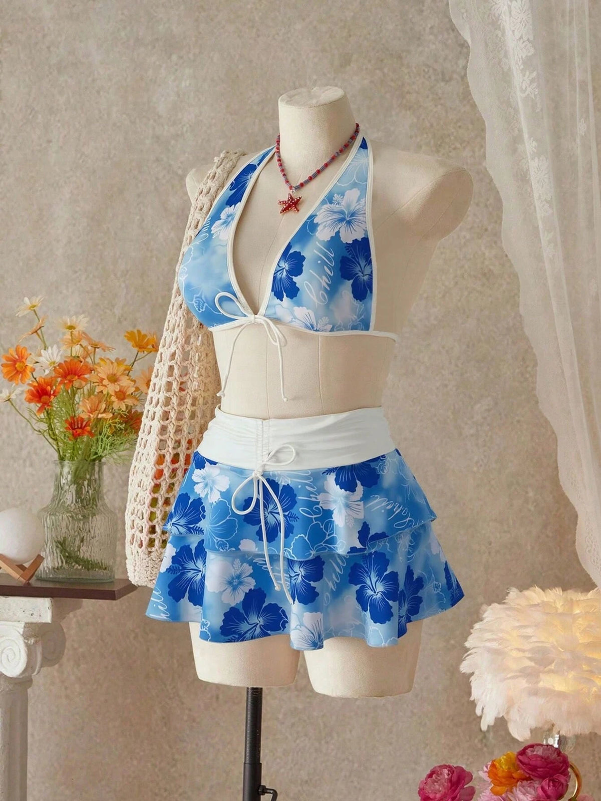 Summer Beach Festival Print Halter Bikini Set
