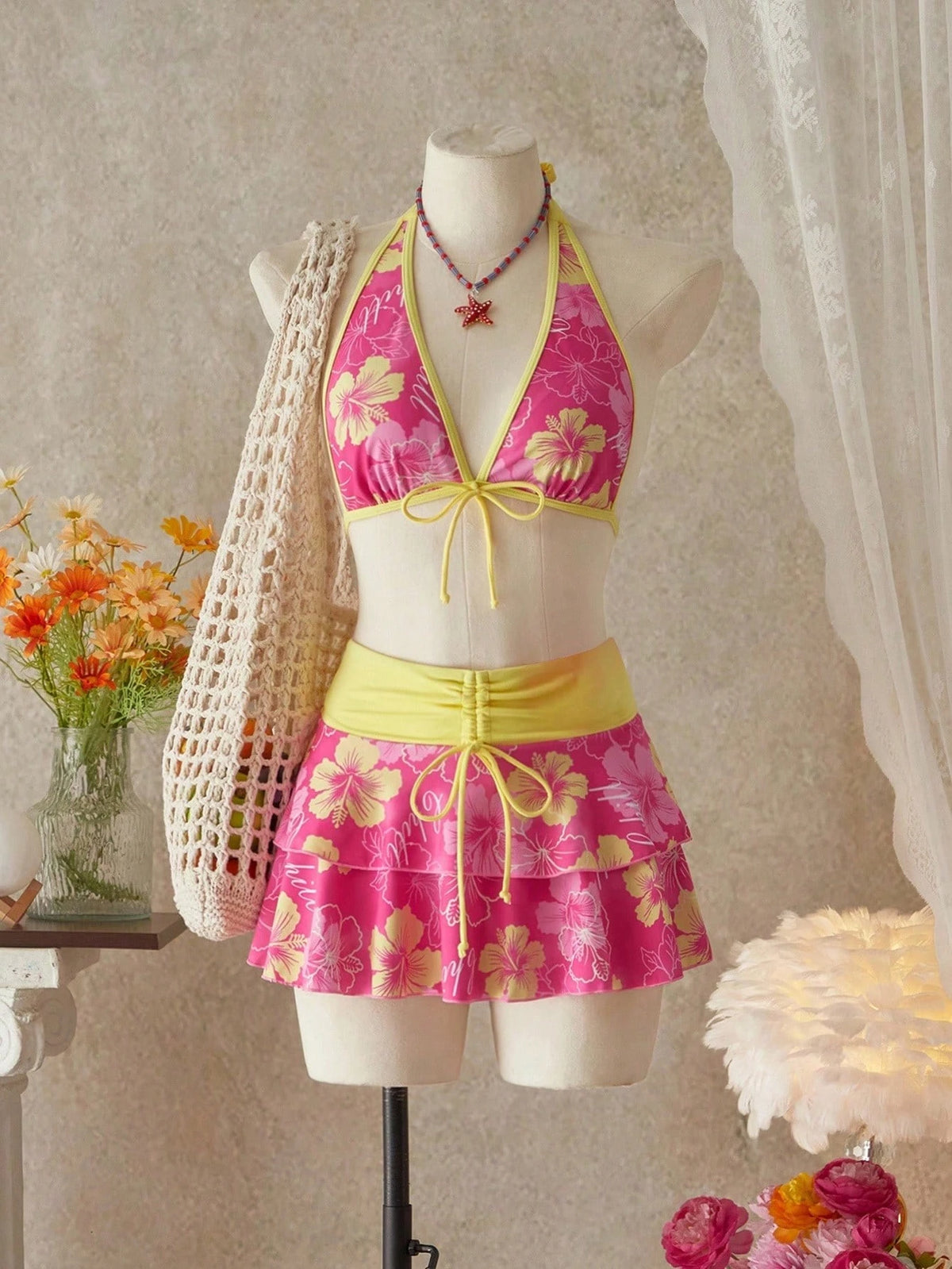 Summer Beach Festival Print Halter Bikini Set