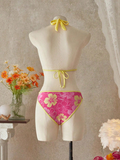 Summer Beach Festival Print Halter Bikini Set