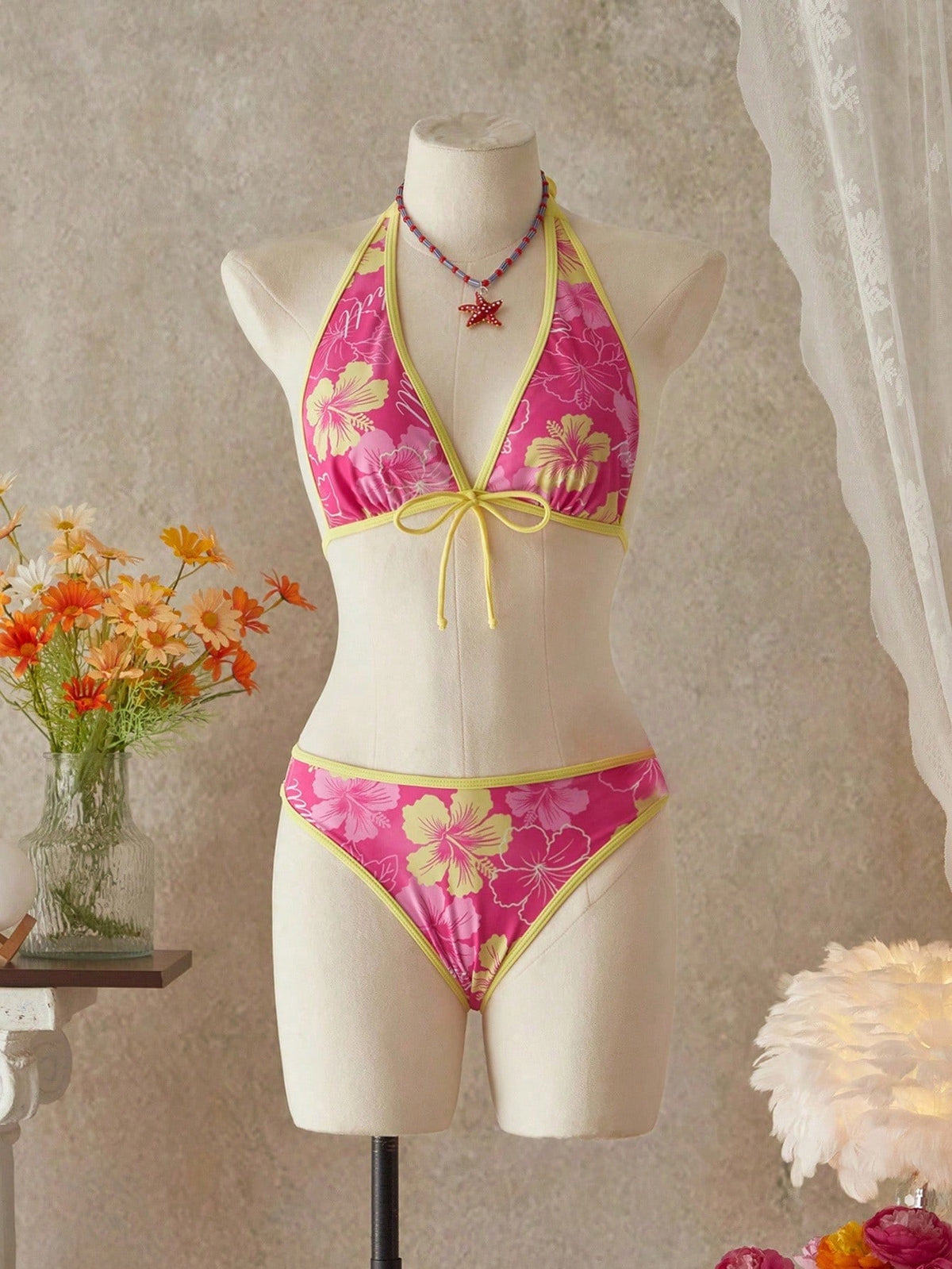 Summer Beach Festival Print Halter Bikini Set