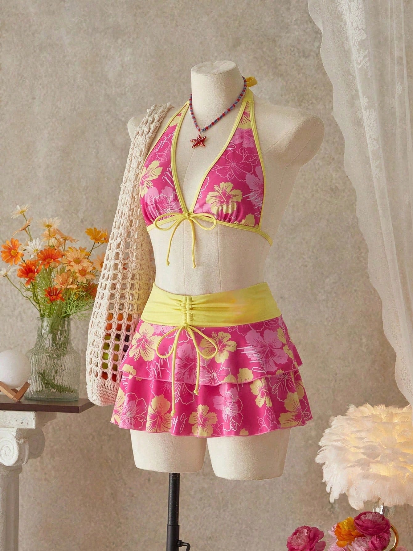 Summer Beach Festival Print Halter Bikini Set