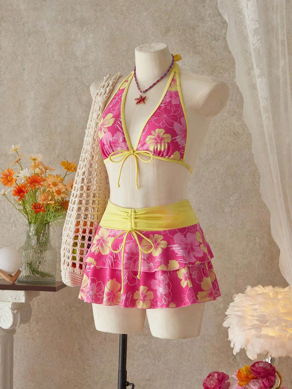 Summer Beach Festival Print Halter Bikini Set
