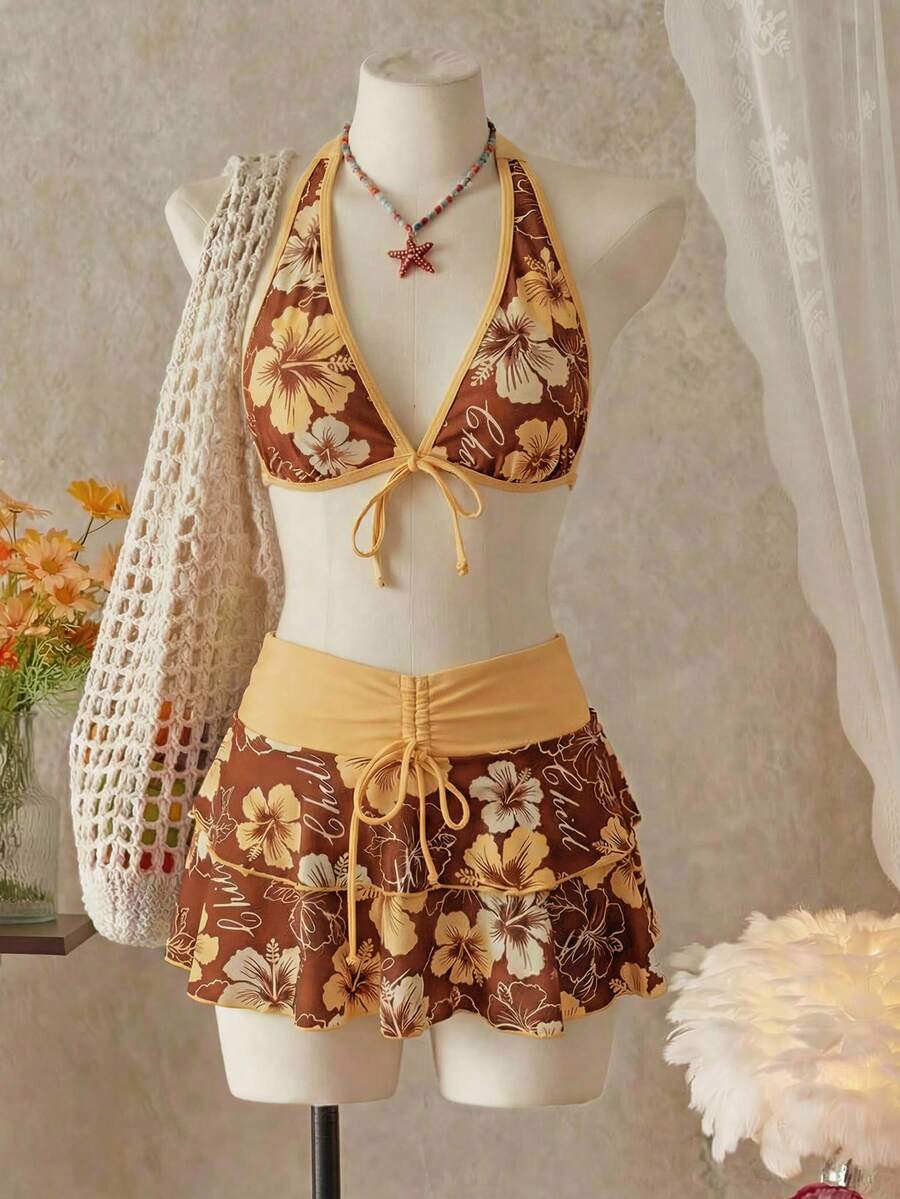 Summer Beach Festival Print Halter Bikini Set