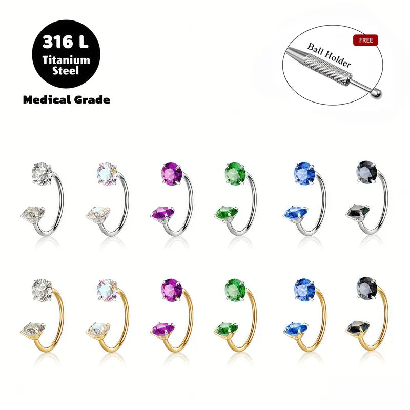 Double Gem Titanium Horseshoe Nose Ring (6PCS)