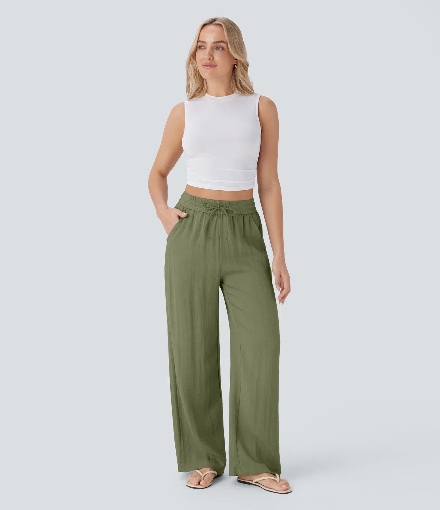High Waisted Wide Leg Linen-Feel Drawstring Pants with Pockets