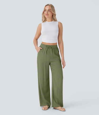 High Waisted Wide Leg Linen-Feel Drawstring Pants with Pockets