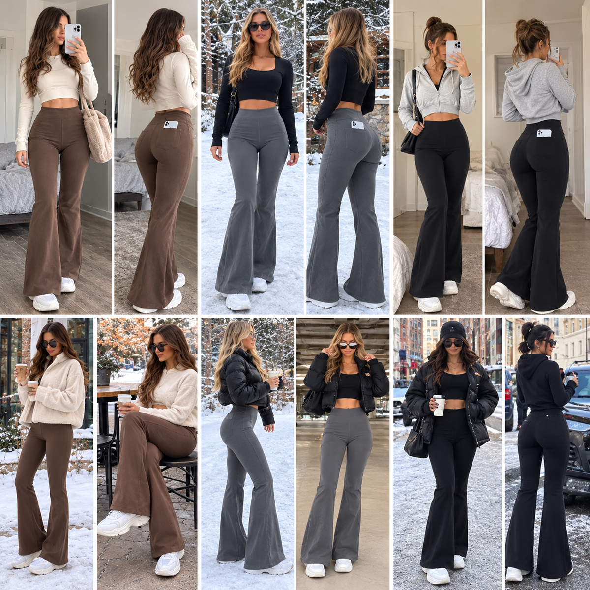 Women’s Fleece Lined Flare Leggings with Pockets|High Waisted Thermal Bell Bottom Yoga Pants