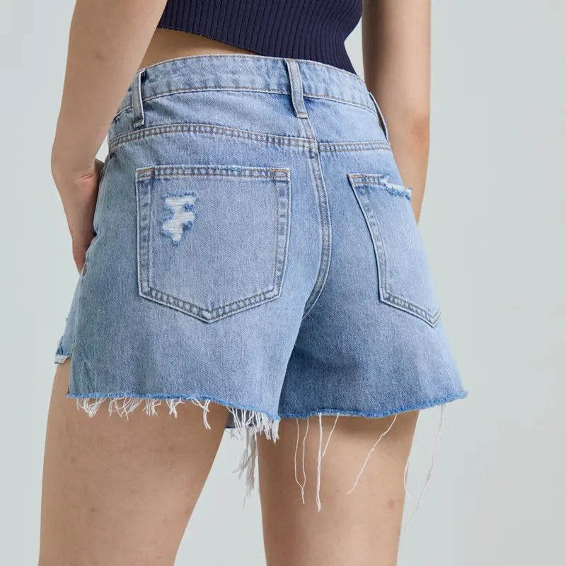 Non-Stretch High Rise Raw Hem Ripped Jean Shorts