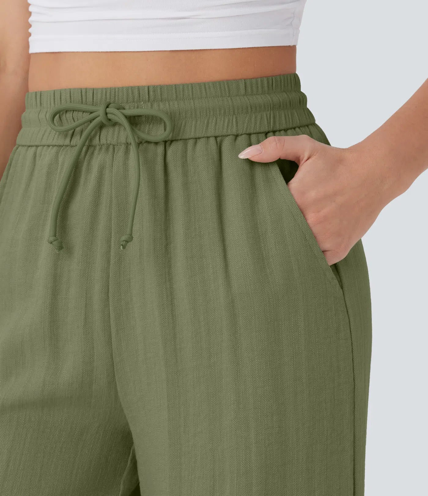 High Waisted Wide Leg Linen-Feel Drawstring Pants with Pockets