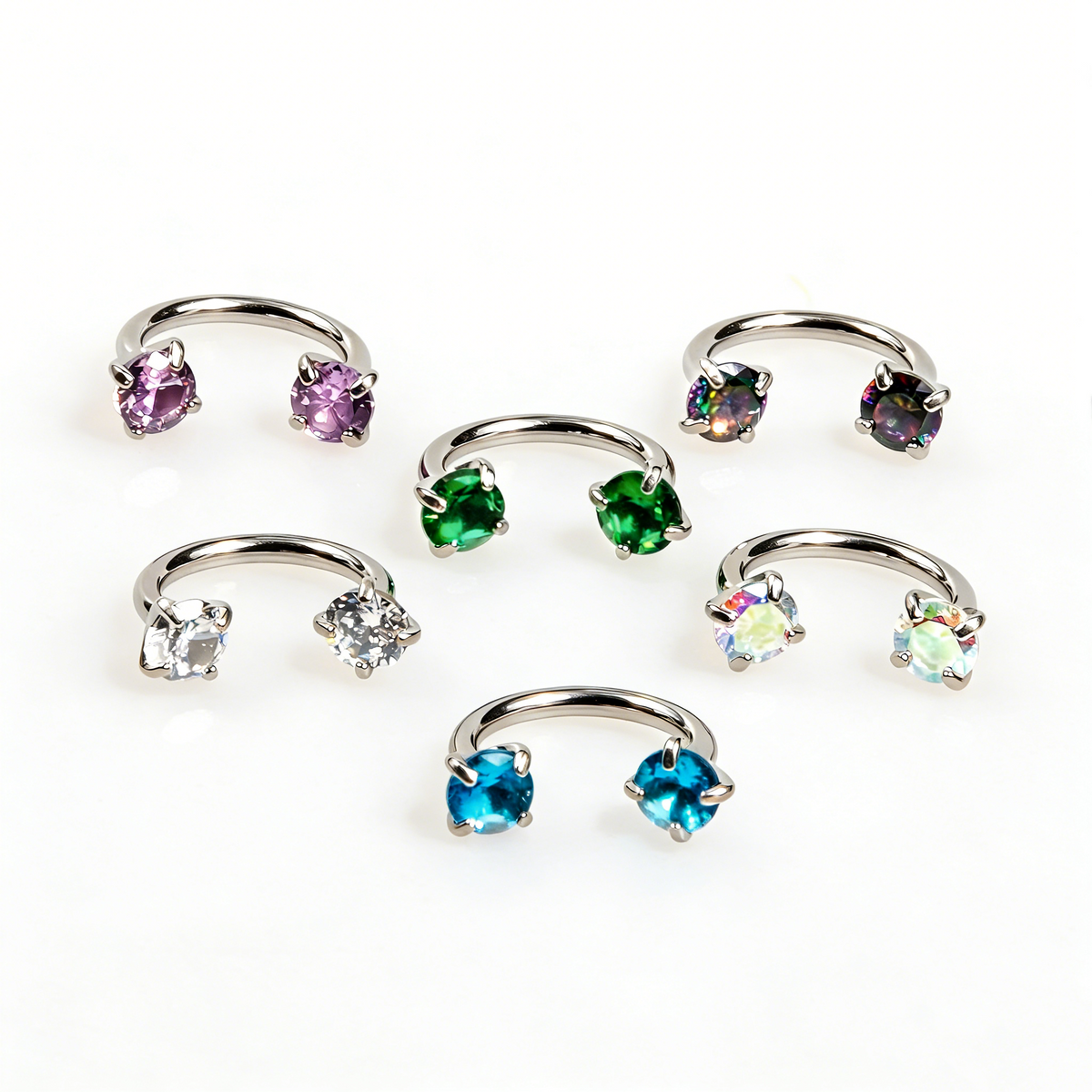 Double Gem Titanium Horseshoe Nose Ring (6PCS)