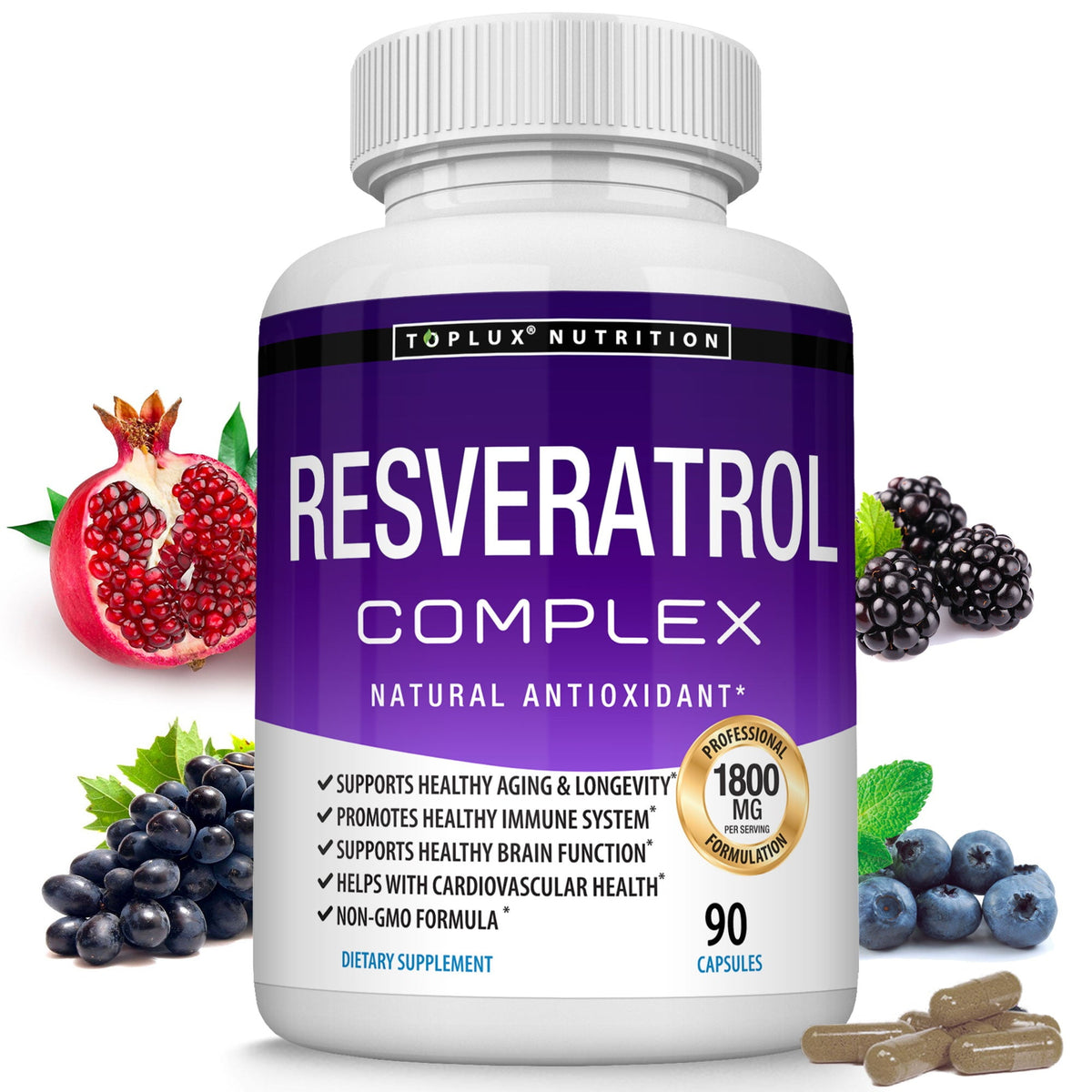 1800mg Trans-Resveratrol Capsules – Daily Antioxidant & Radiance Support (90 Count)