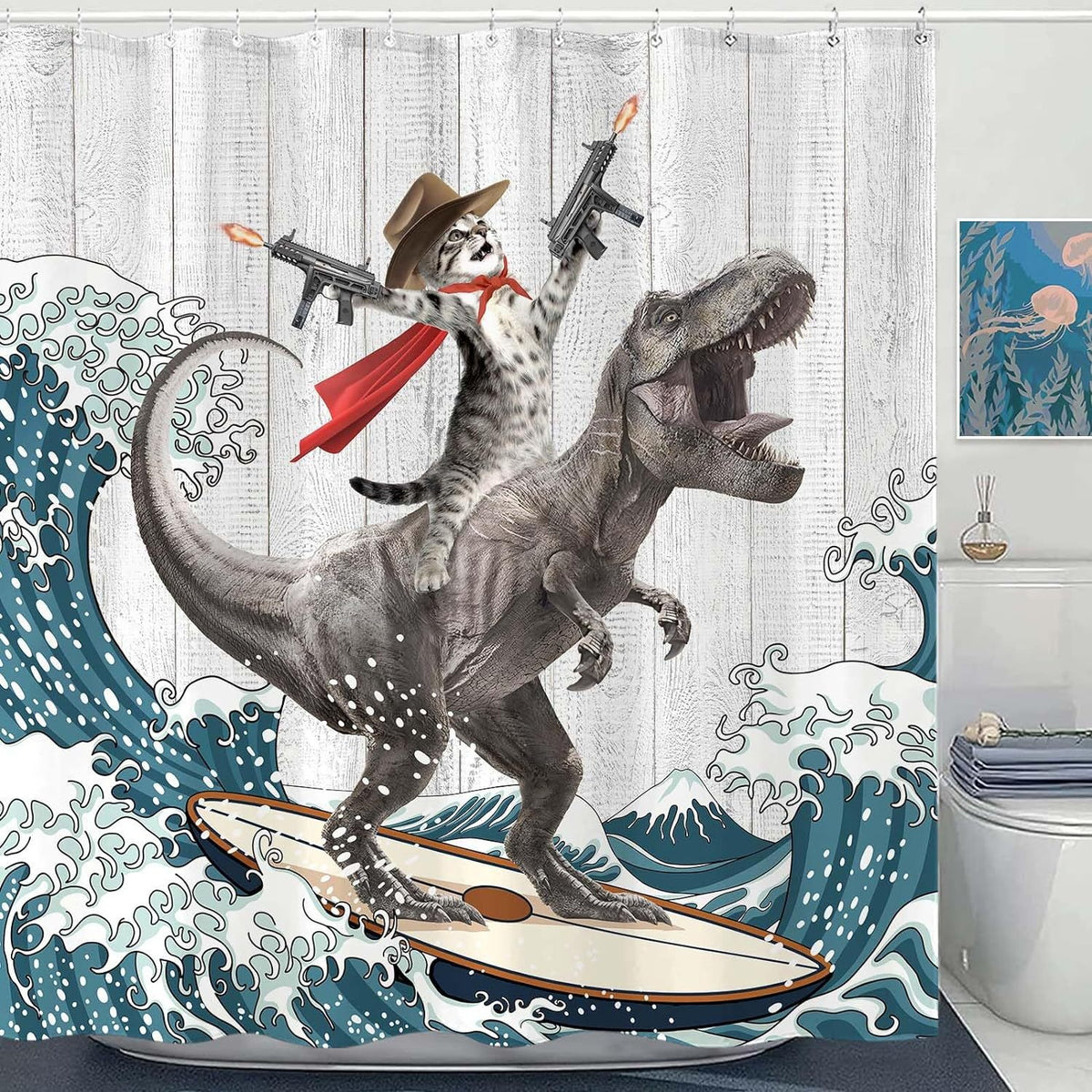 Funny Cat Dinosaur Shower Curtain – Creative Waterproof Bathroom Decor