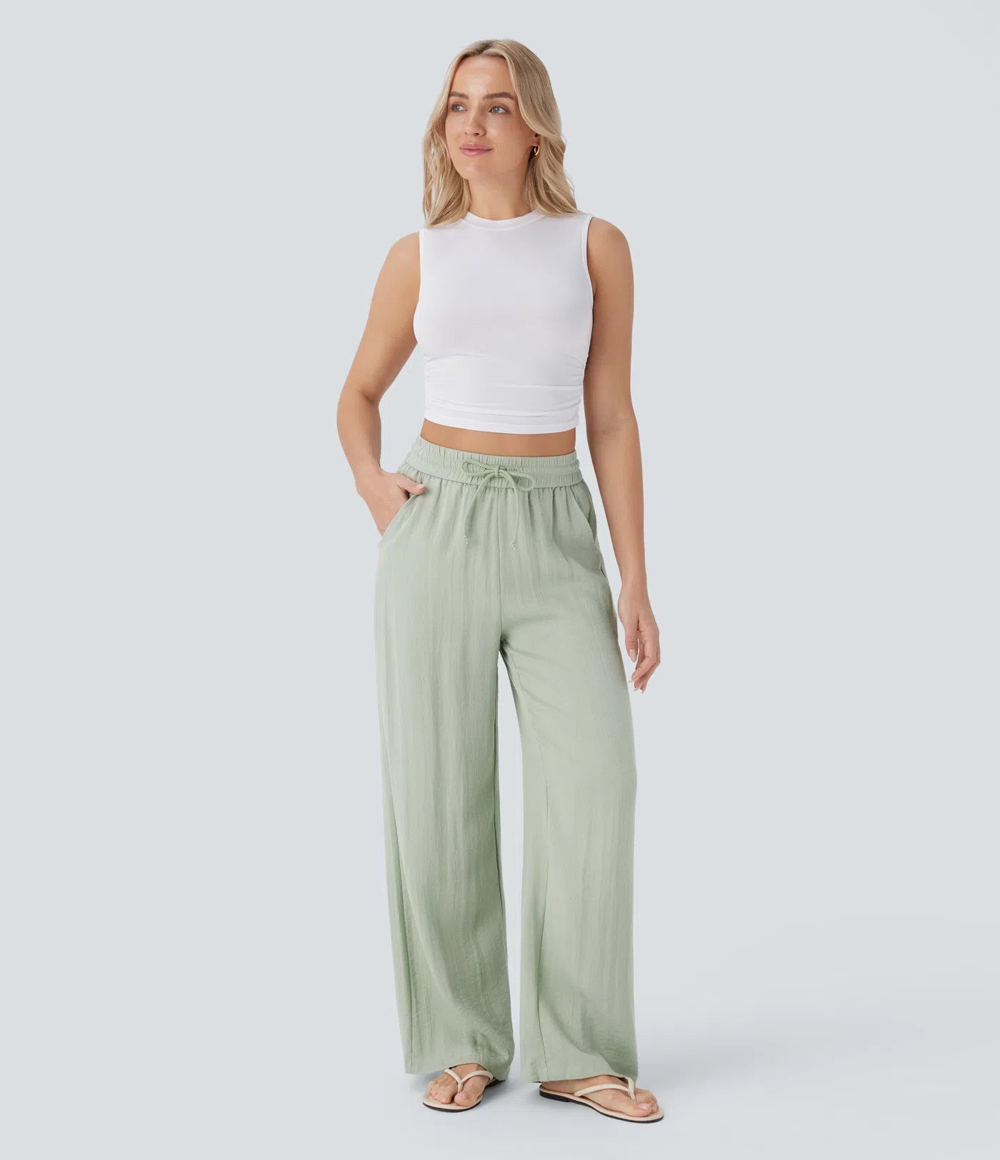 High Waisted Wide Leg Linen-Feel Drawstring Pants with Pockets