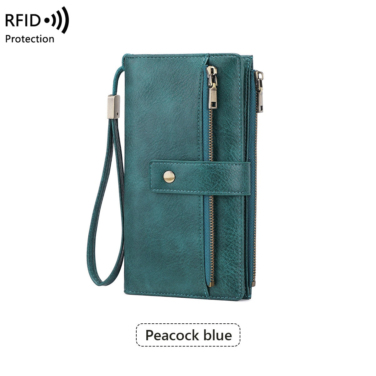 Women’s RFID Blocking Long Trifold Leather Wallet with Wristlet