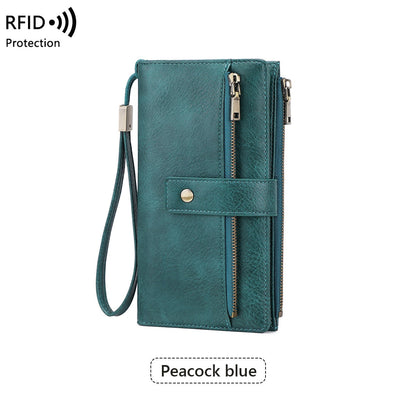 Women’s RFID Blocking Long Trifold Leather Wallet with Wristlet