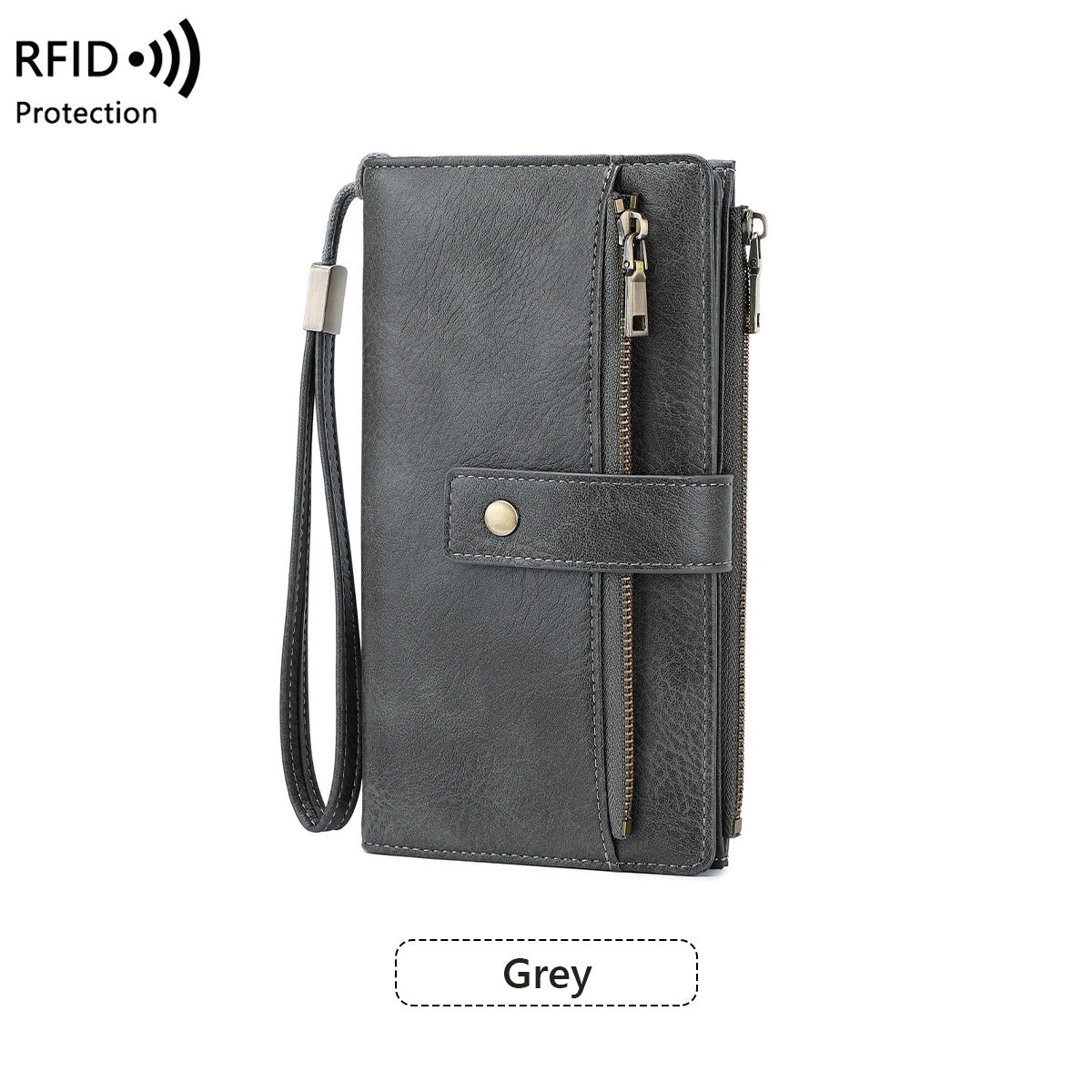 Women’s RFID Blocking Long Trifold Leather Wallet with Wristlet