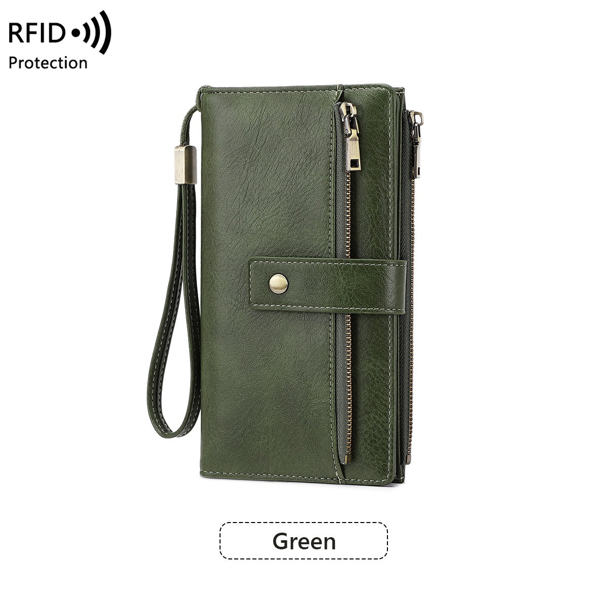 Women’s RFID Blocking Long Trifold Leather Wallet with Wristlet