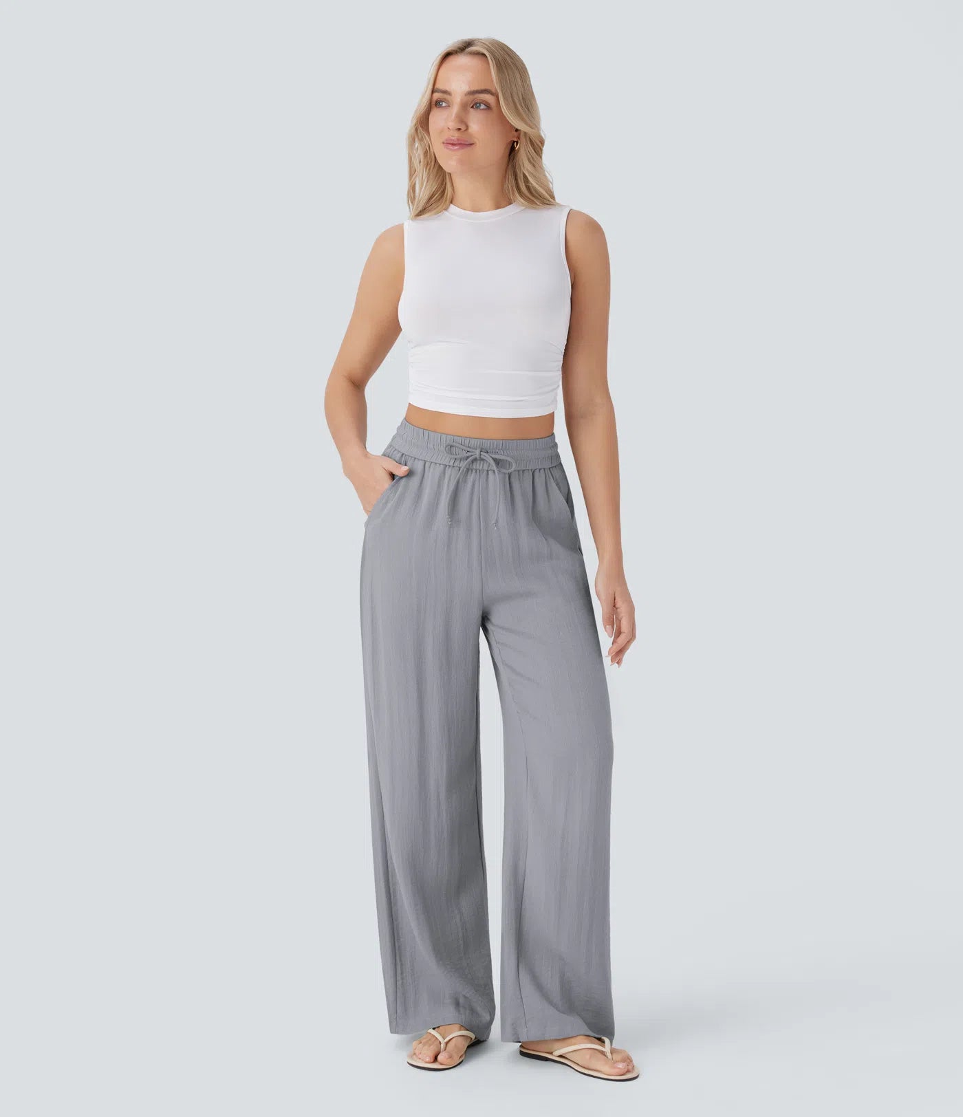 High Waisted Wide Leg Linen-Feel Drawstring Pants with Pockets