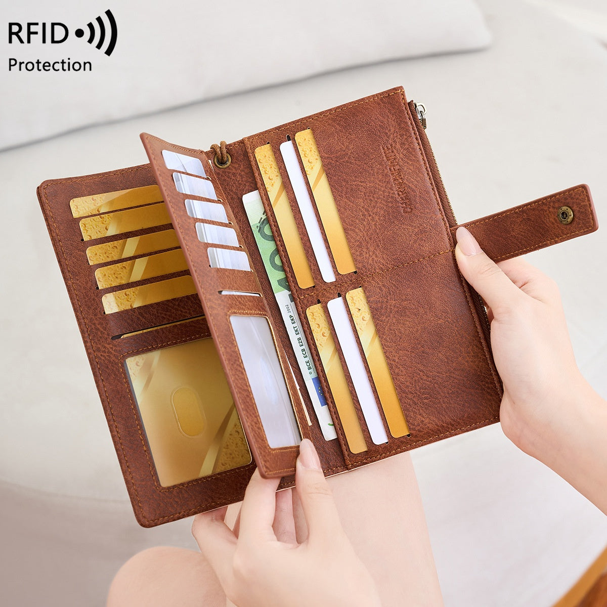 Women’s RFID Blocking Long Trifold Leather Wallet with Wristlet