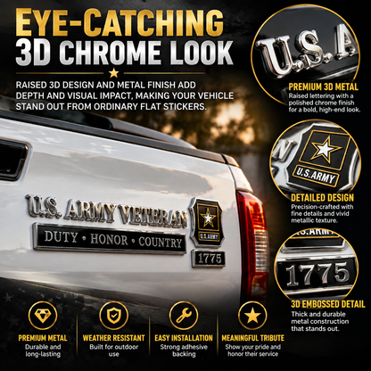 U.S. Army Veteran Metal Car Emblem Kit – 3D Chrome Badge Set