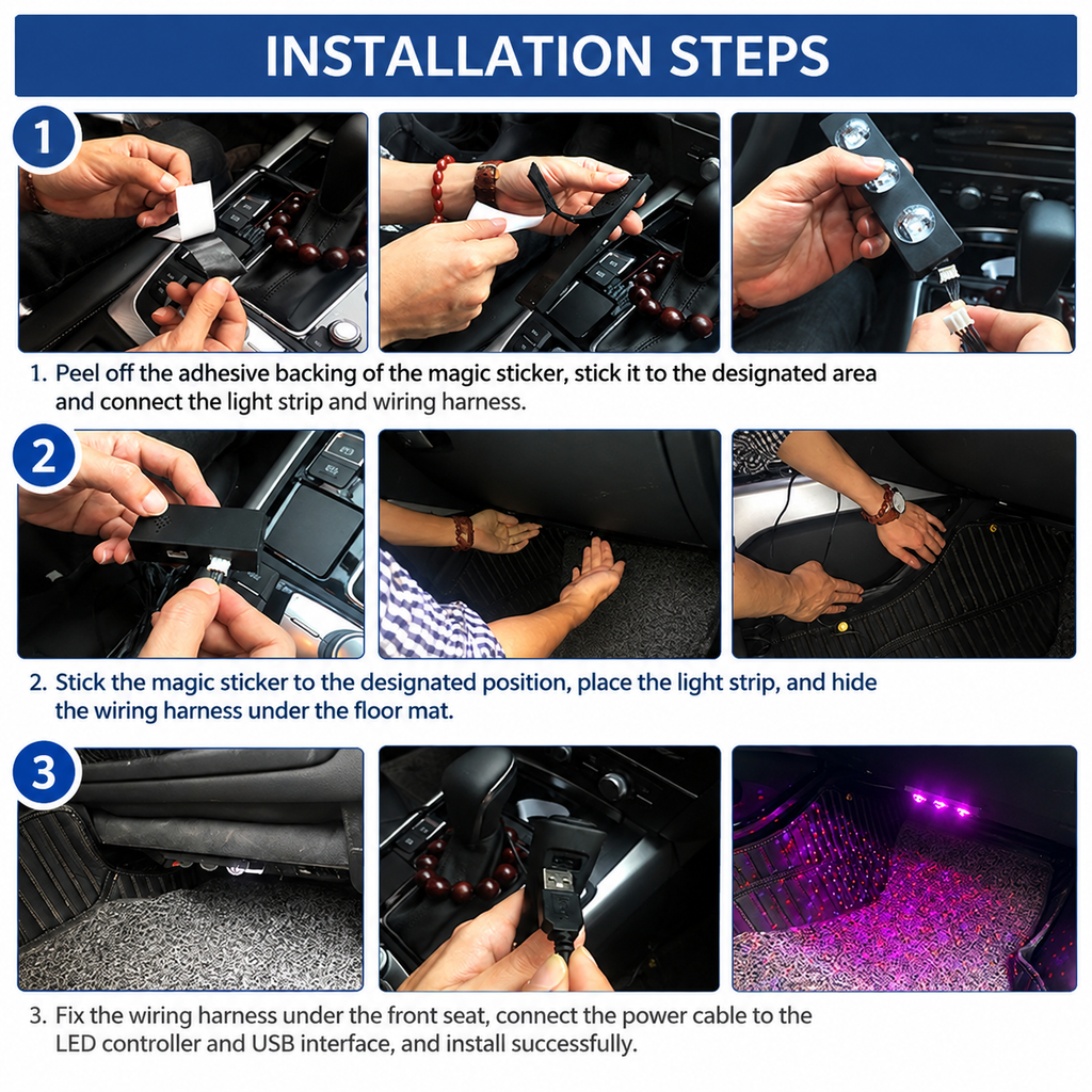 5V USB RGB LED Strip Lights – 4-Piece Car Interior Kit with Music Sync & Remote