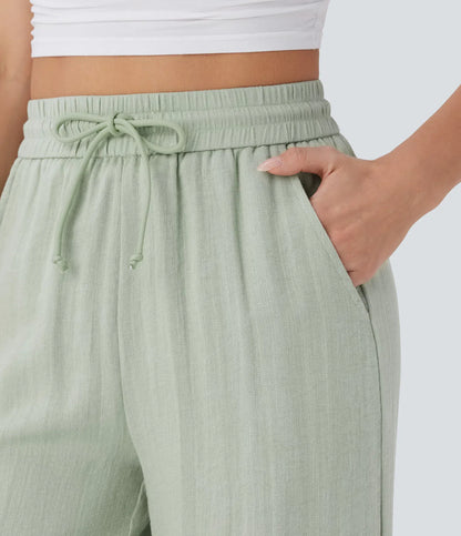 High Waisted Wide Leg Linen-Feel Drawstring Pants with Pockets