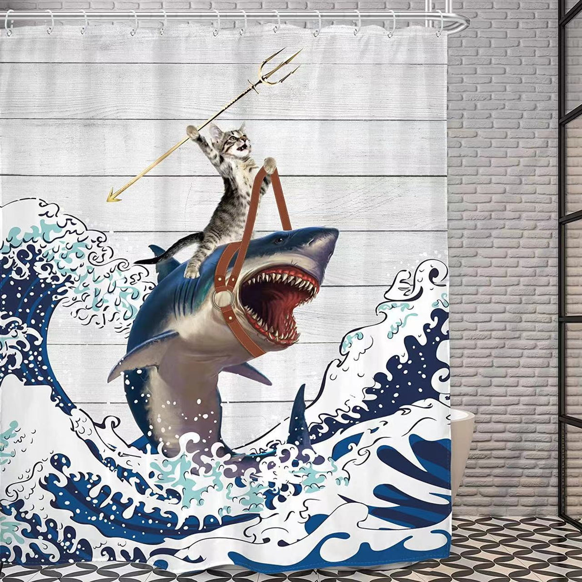 Funny Cat Dinosaur Shower Curtain – Creative Waterproof Bathroom Decor