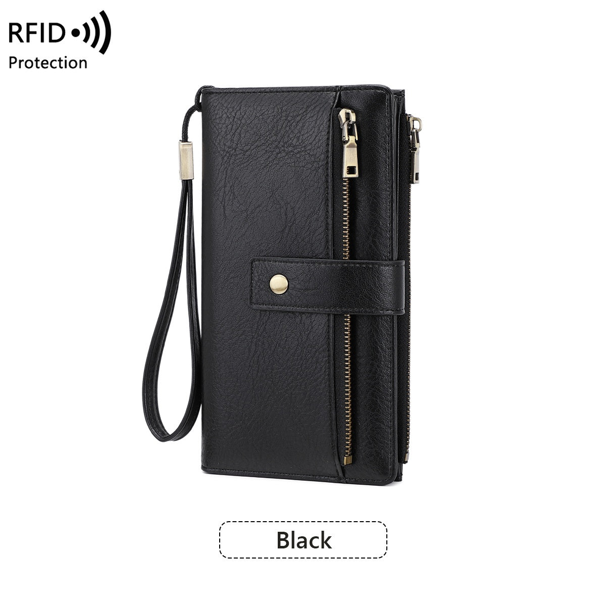 Women’s RFID Blocking Long Trifold Leather Wallet with Wristlet