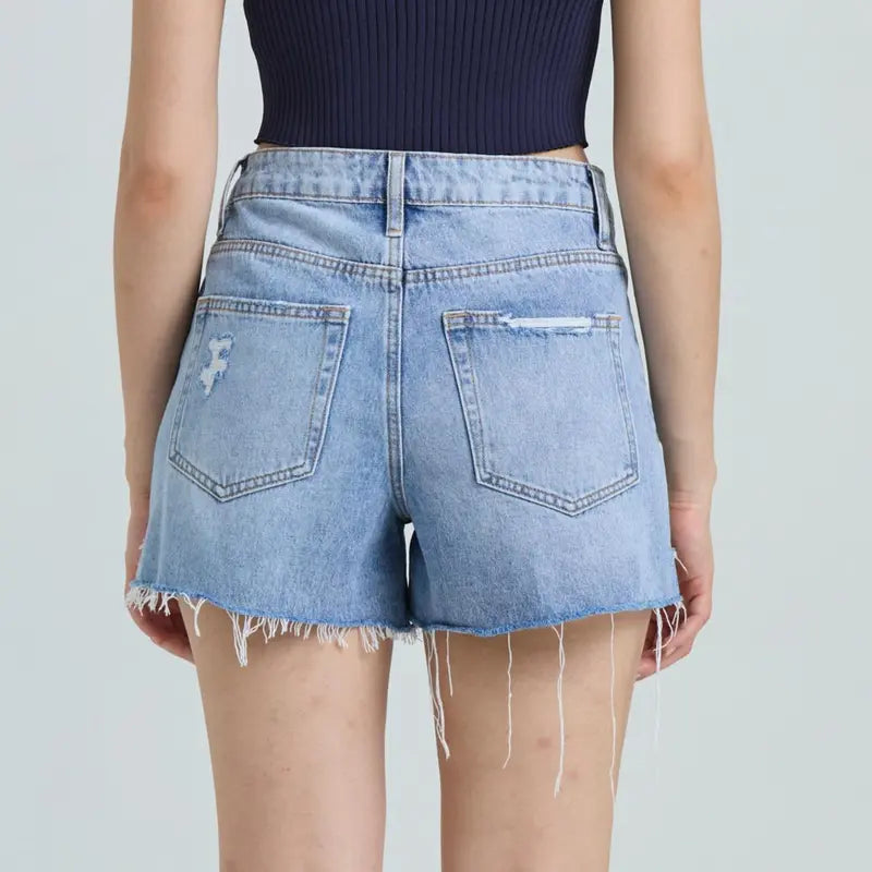 Non-Stretch High Rise Raw Hem Ripped Jean Shorts