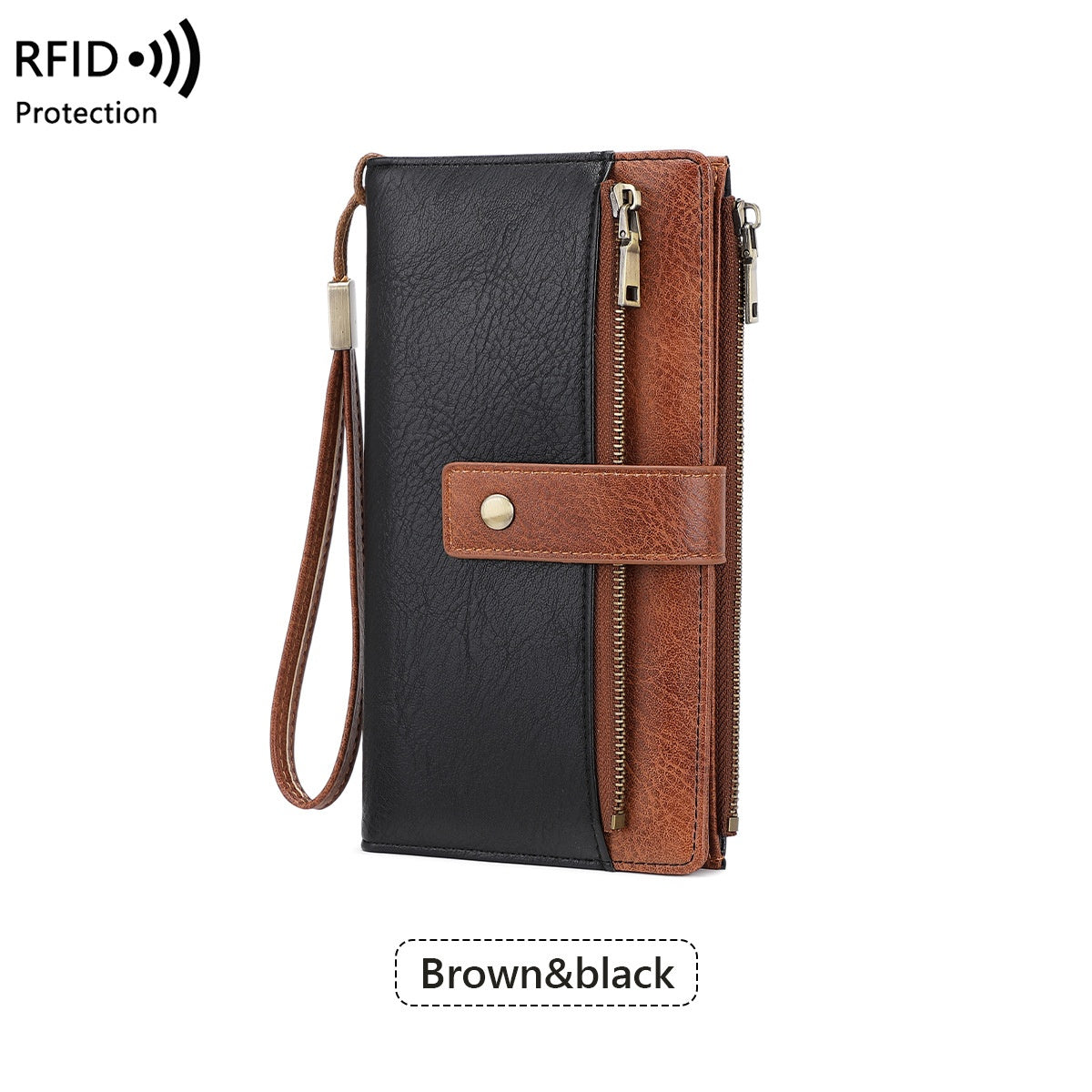 Women’s RFID Blocking Long Trifold Leather Wallet with Wristlet