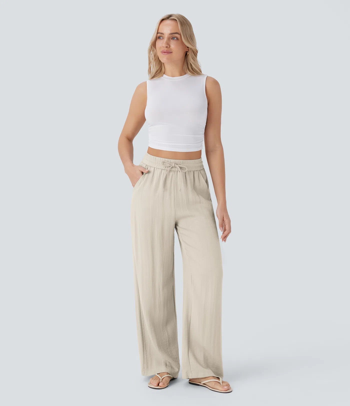High Waisted Wide Leg Linen-Feel Drawstring Pants with Pockets